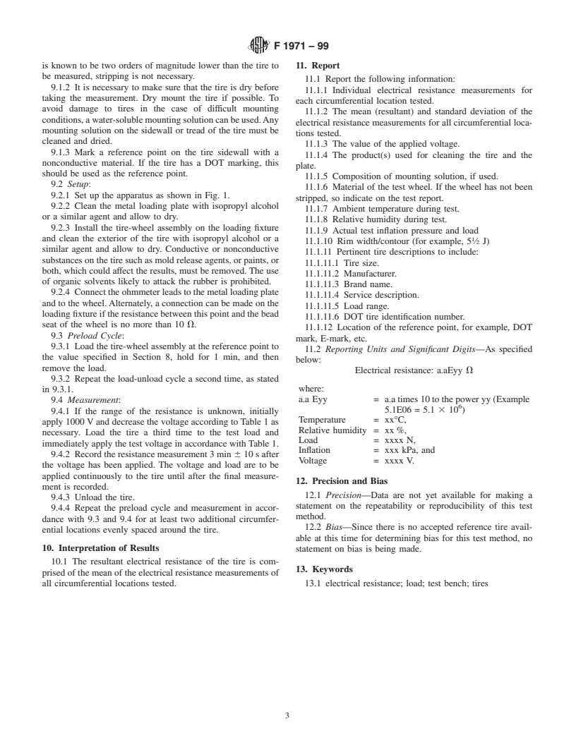 ASTM F1971-99 - Standard Test Method for Electrical Resistance of Tires Under Load On the Test Bench