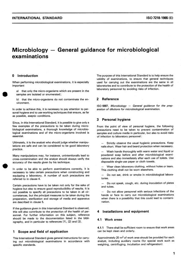 ISO 7218:1985 - Microbiology -- General guidance for microbiological examinations
