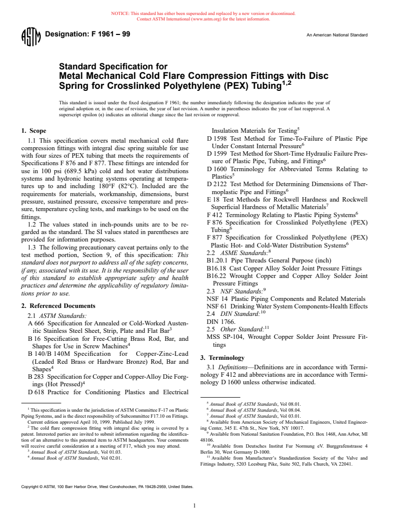 ASTM F1961-99 - Standard Specification for Metal Mechanical Cold Flare Compression Fittings with Disc Spring for Crosslinked Polyethylene (PEX) Tubing