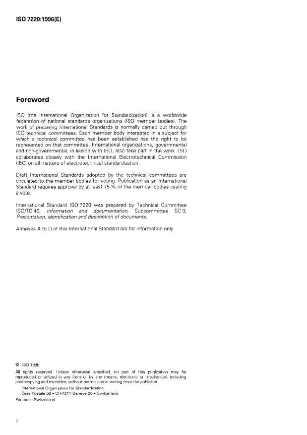 SIST ISO 7220:2005 ISO 7220:1996 - Information and documentation -- Presentation of catalogues of standards - Page 2 preview