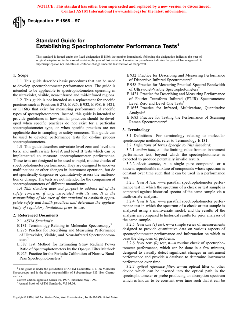 ASTM E1866-97 - Standard Guide for Establishing Spectrophotometer Performance Tests