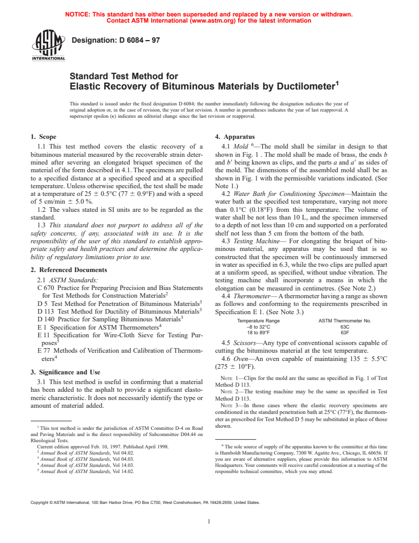 ASTM D6084-97 - Standard Test Method for Elastic Recovery of bituminuous Materials by Ductilometer