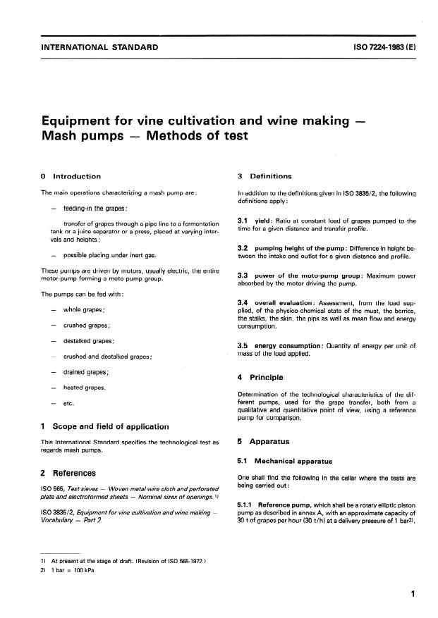 ISO 7224:1983 - Equipment for vine cultivation and wine making -- Mash pumps -- Methods of test
