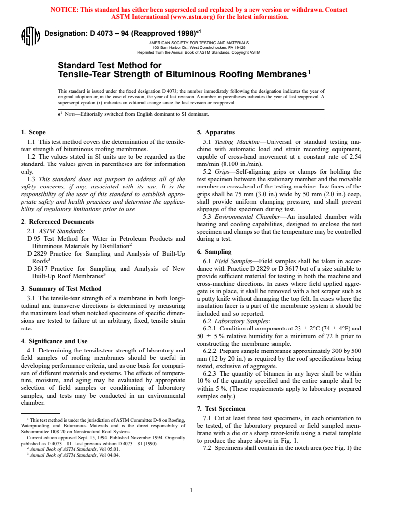 ASTM D4073-94(1998)e1 - Standard Test Method for Tensile-Tear Strength of Bituminuous Roofing Membranes