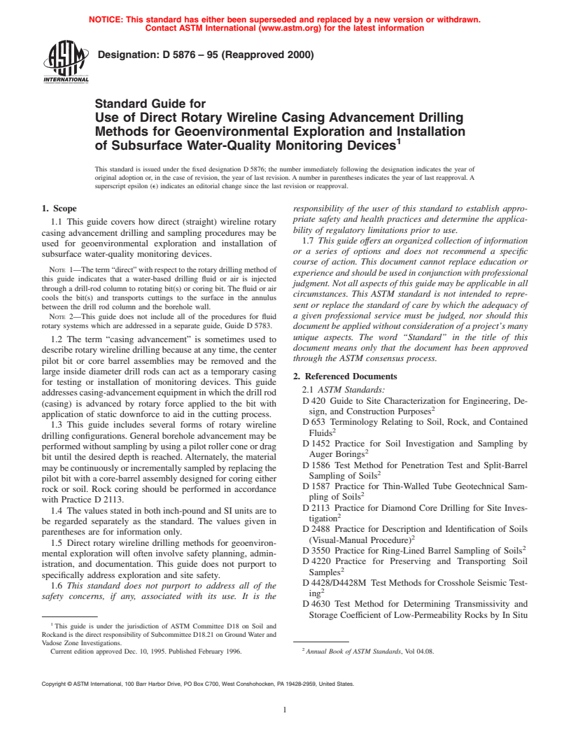 ASTM D5876-95(2000) - Standard Guide for Use of Direct Rotary Wireline Casing Advancement Drilling Methods for Geoenvironmental Exploration and Installation of Subsurface Water-Quality Monitoring Devices