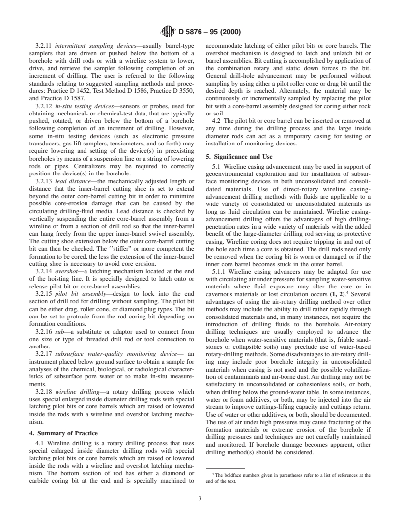 ASTM D5876-95(2000) - Standard Guide for Use of Direct Rotary Wireline Casing Advancement Drilling Methods for Geoenvironmental Exploration and Installation of Subsurface Water-Quality Monitoring Devices