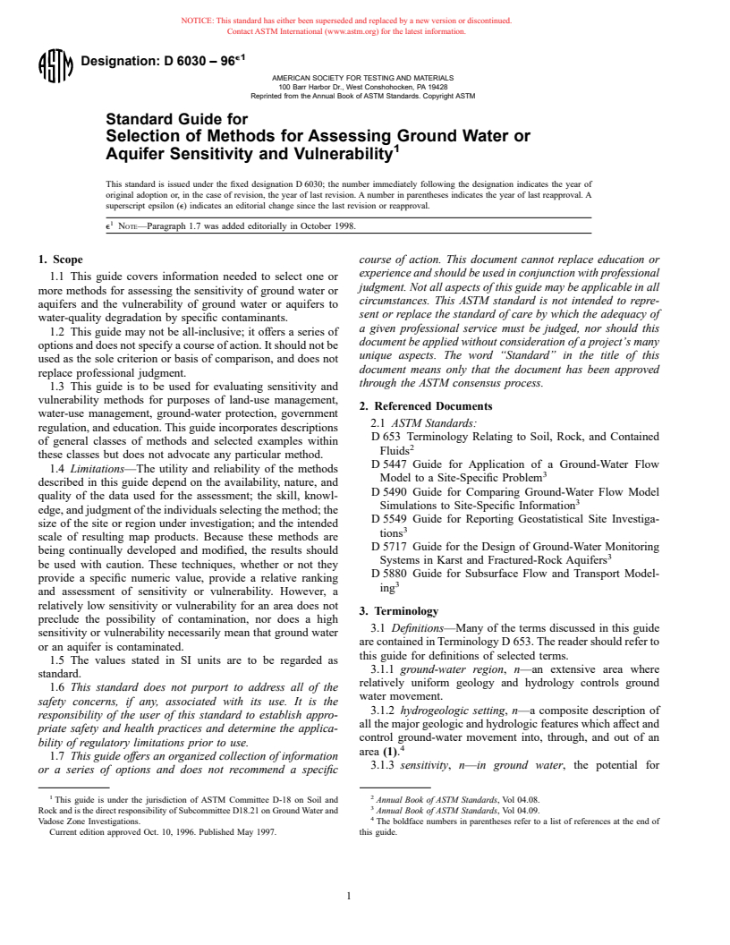 ASTM D6030-96e1 - Standard Guide for Selection of Methods for Assessing Ground Water or Aquifer Sensitiviy and Vulnerability