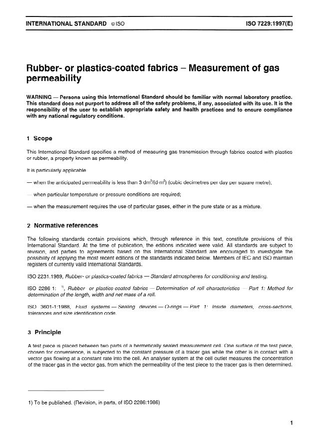 ISO 7229:1997 - Rubber- or plastics-coated fabrics -- Measurement of gas permeability