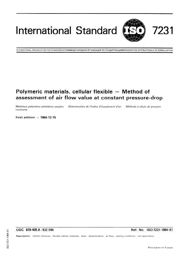 ISO 7231:1984 - Polymeric materials, cellular flexible -- Method of assessment of air flow value at constant pressure-drop