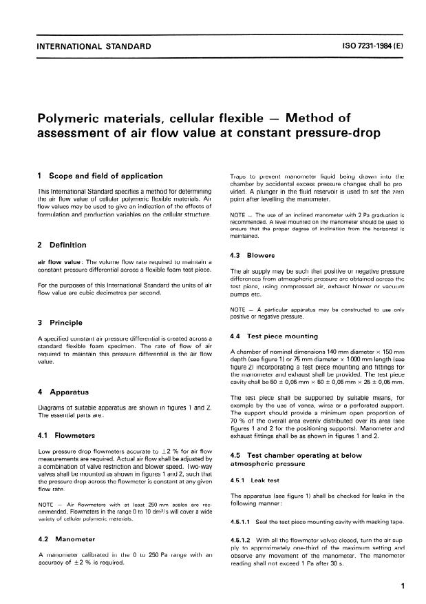 ISO 7231:1984 - Polymeric materials, cellular flexible -- Method of assessment of air flow value at constant pressure-drop
