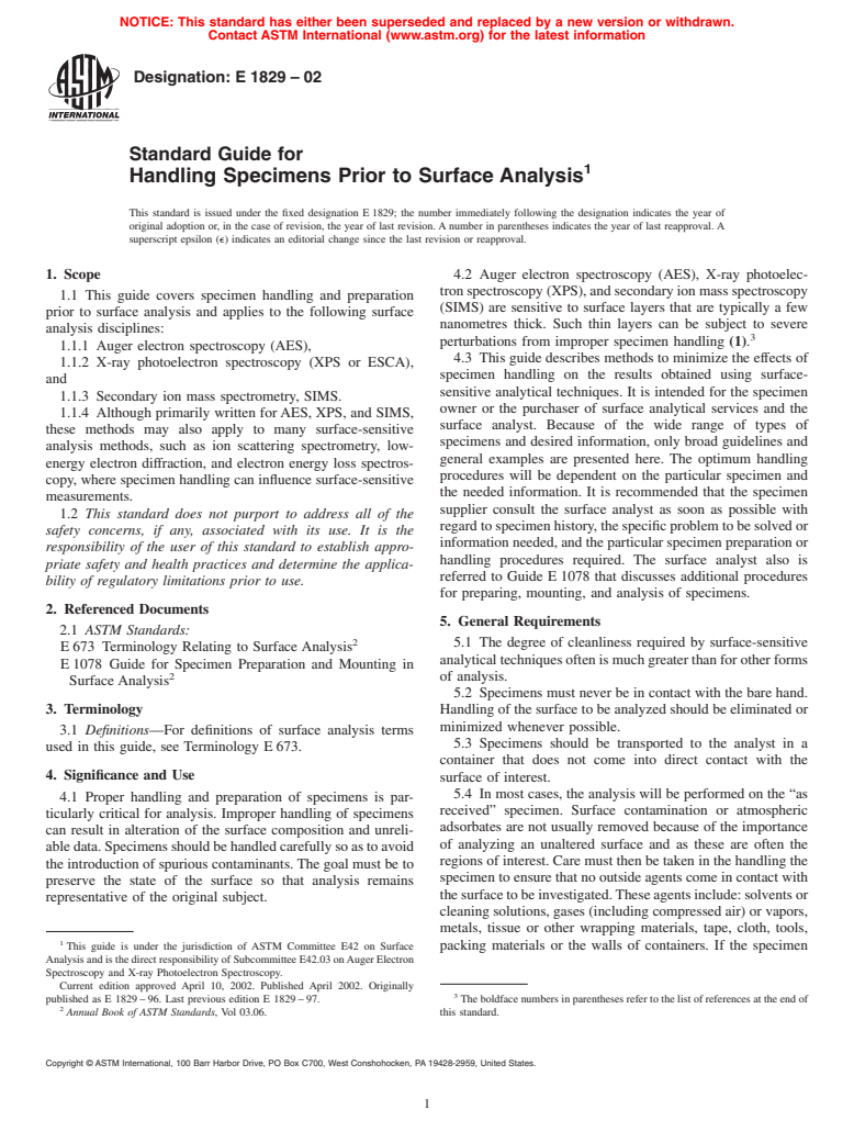 ASTM E1829-02 - Standard Guide for Handling Specimens Prior to Surface Analysis