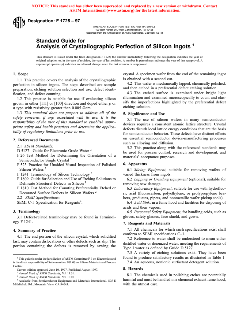 ASTM F1725-97 - Standard Guide for Analysis of Crystallographic Perfection of Silicon Ingots