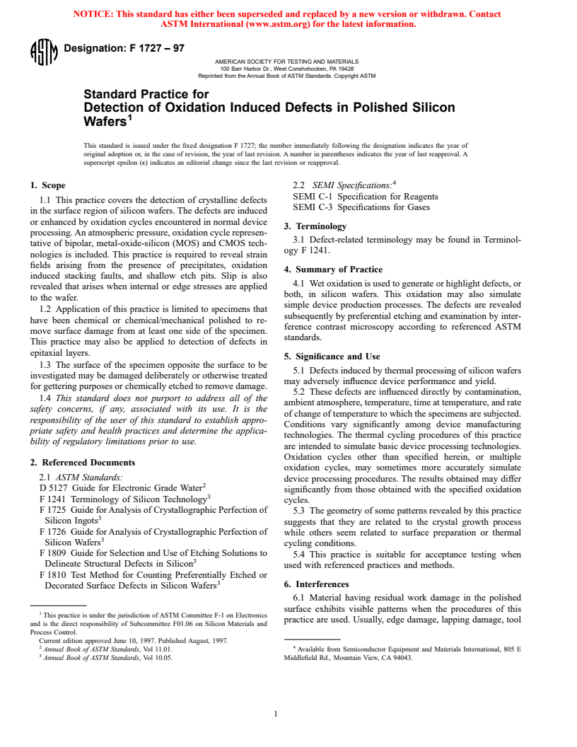 ASTM F1727-97 - Standard Practice for Detection of Oxidation Induced Defects in Polished Silicon Wafers