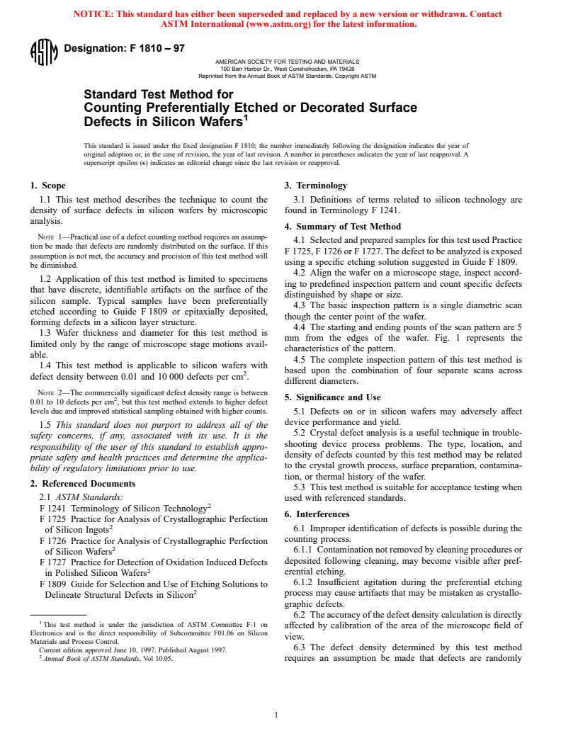 ASTM F1810-97 - Standard Test Method for Counting Preferentially Etched or Decorated Surface Defects in Silicon Wafers