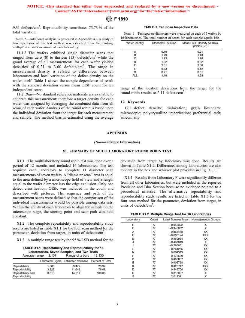 ASTM F1810-97 - Standard Test Method for Counting Preferentially Etched or Decorated Surface Defects in Silicon Wafers