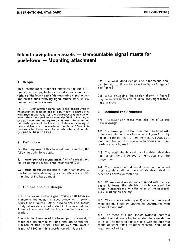 ISO 7236:1991 - Inland navigation vessels -- Demountable signal masts for push-tows -- Mounting attachment