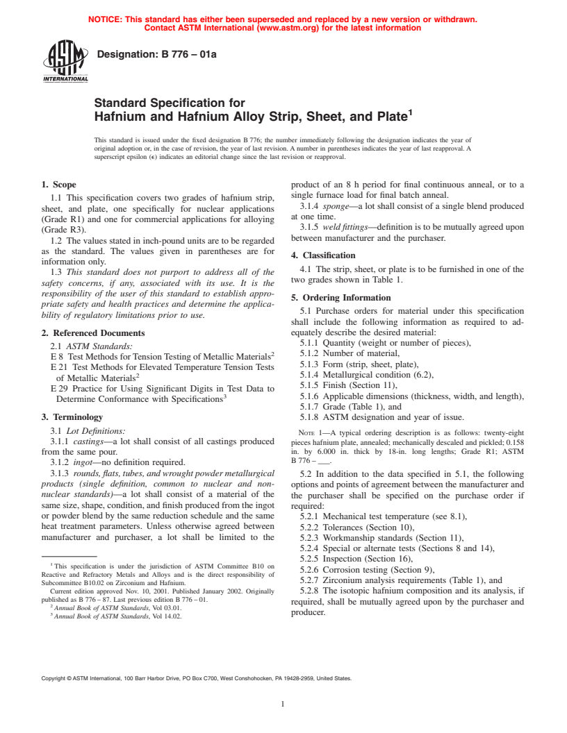 ASTM B776-01a - Standard Specification for Hafnium and Hafnium Alloy Strip, Sheet, and Plate