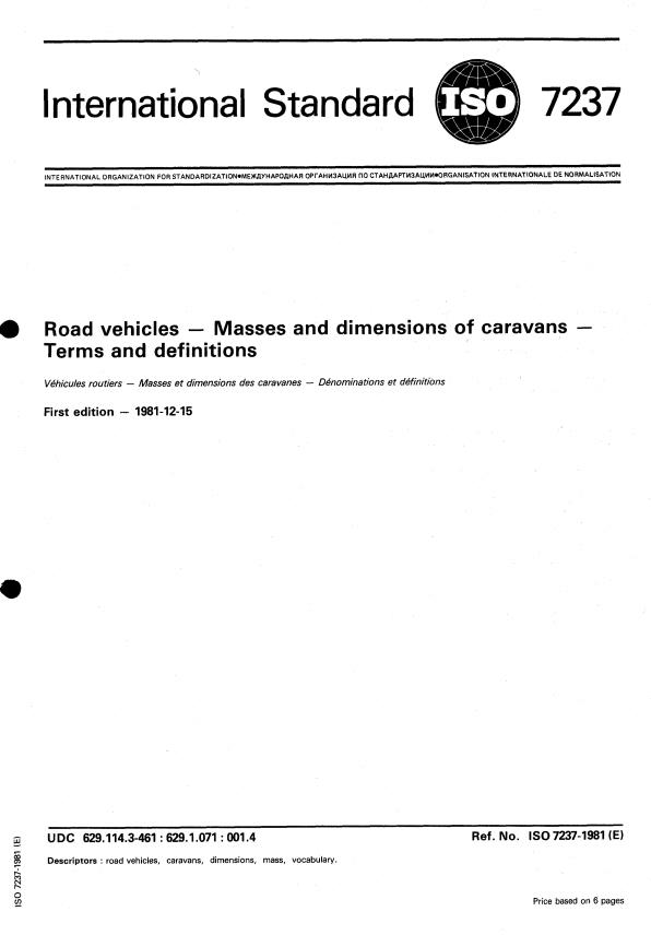 ISO 7237:1981 - Road vehicles -- Masses and dimensions of caravans -- Terms and definitions