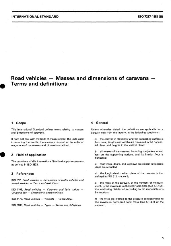 ISO 7237:1981 - Road vehicles -- Masses and dimensions of caravans -- Terms and definitions