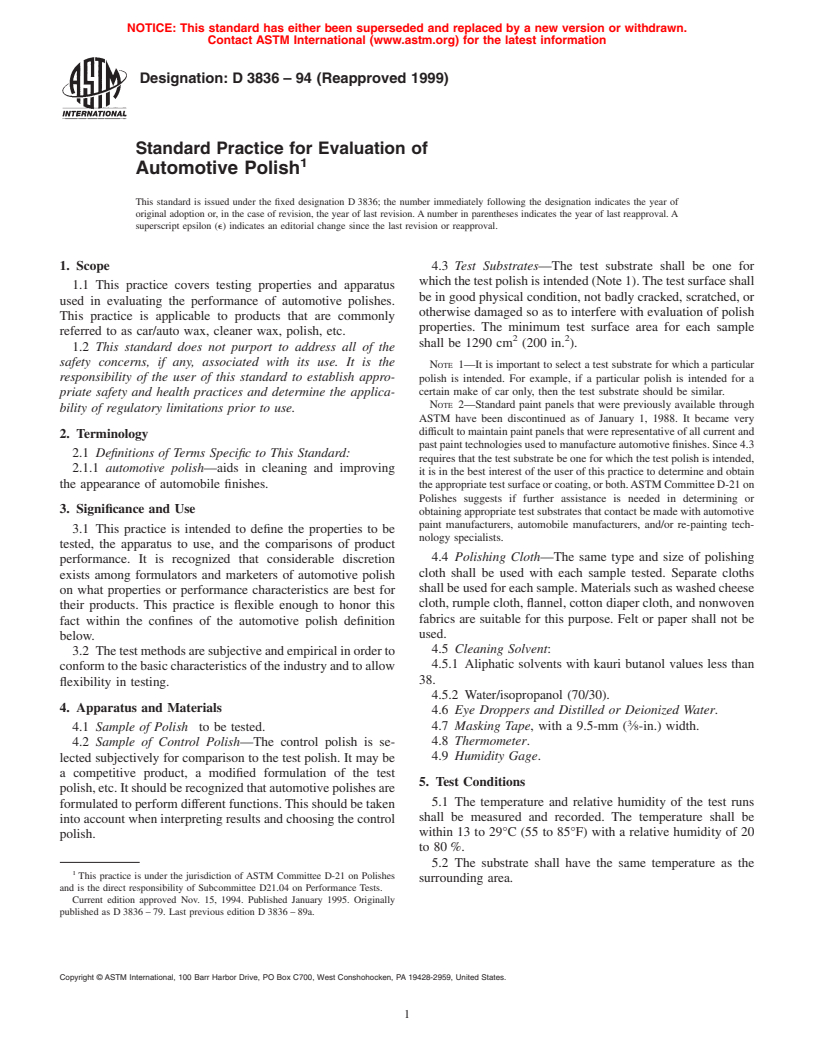 ASTM D3836-94(1999) - Standard Practice for Evaluation of Automotive Polish