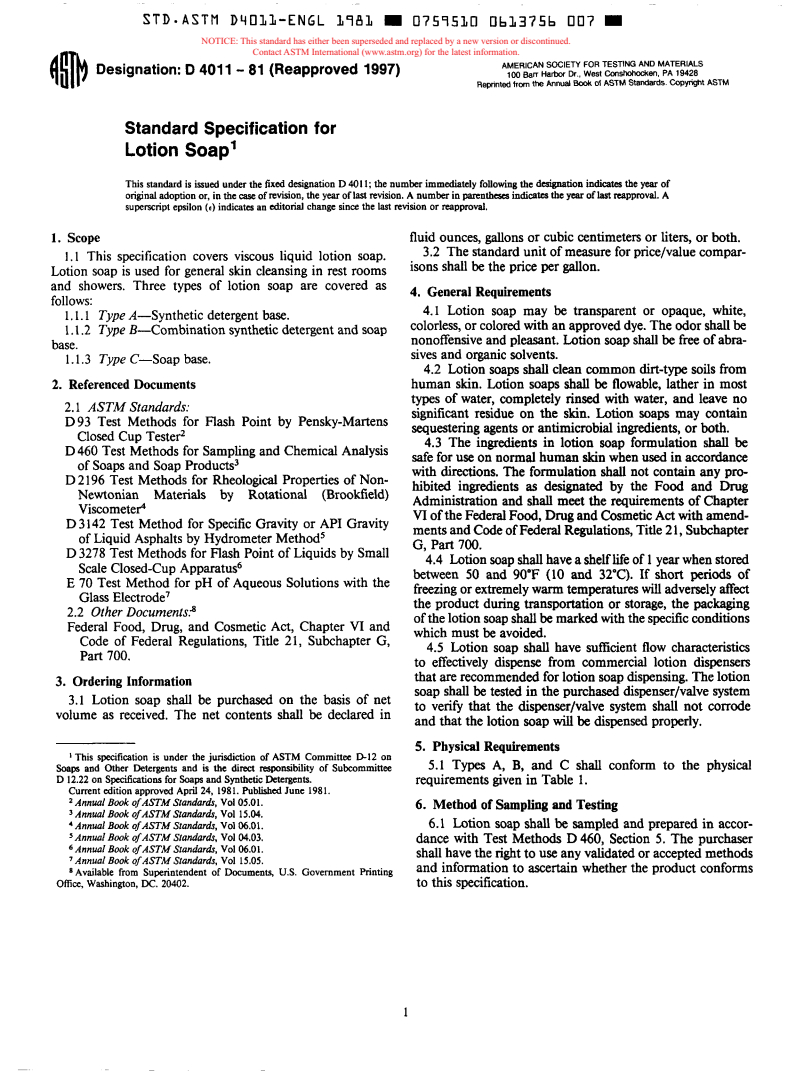 ASTM D4011-81(1997) - Standard Specification for Lotion Soap (Withdrawn 2000)