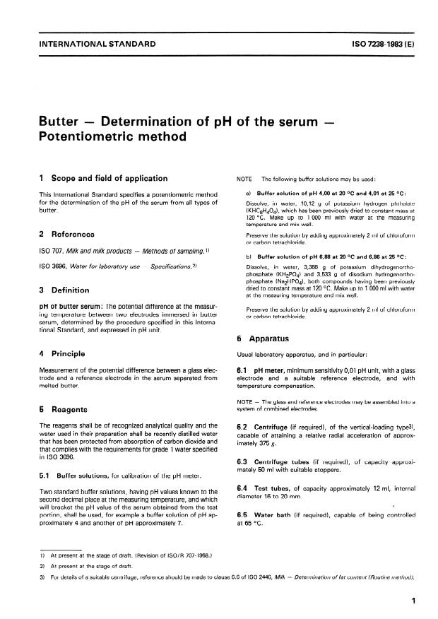 ISO 7238:1983 - Butter -- Determination of pH of the serum -- Potentiometric method
