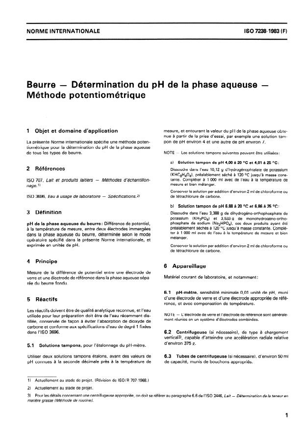 ISO 7238:1983 - Beurre -- Détermination du pH de la phase aqueuse -- Méthode potentiométrique