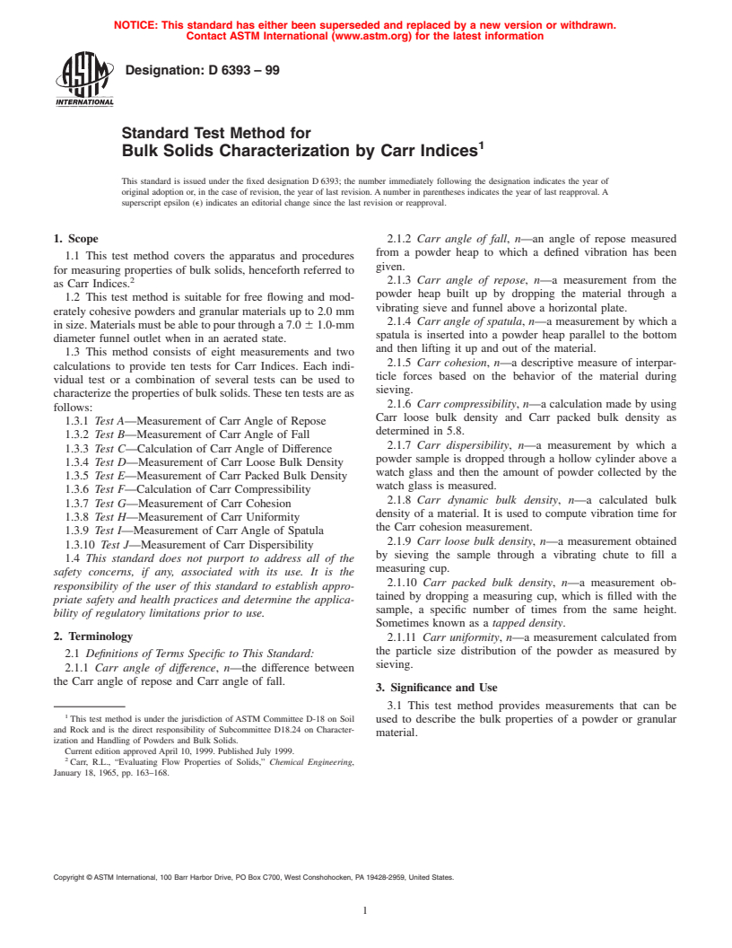 ASTM D6393-99 - Standard Test Method for Bulk Solids Characterization by Carr Indices