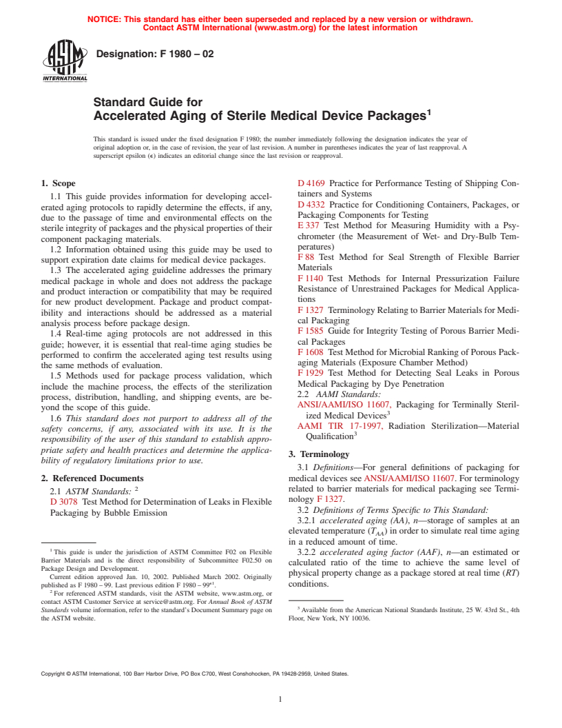 ASTM F1980-02 - Standard Guide for Accelerated Aging of Sterile Medical Device Packages