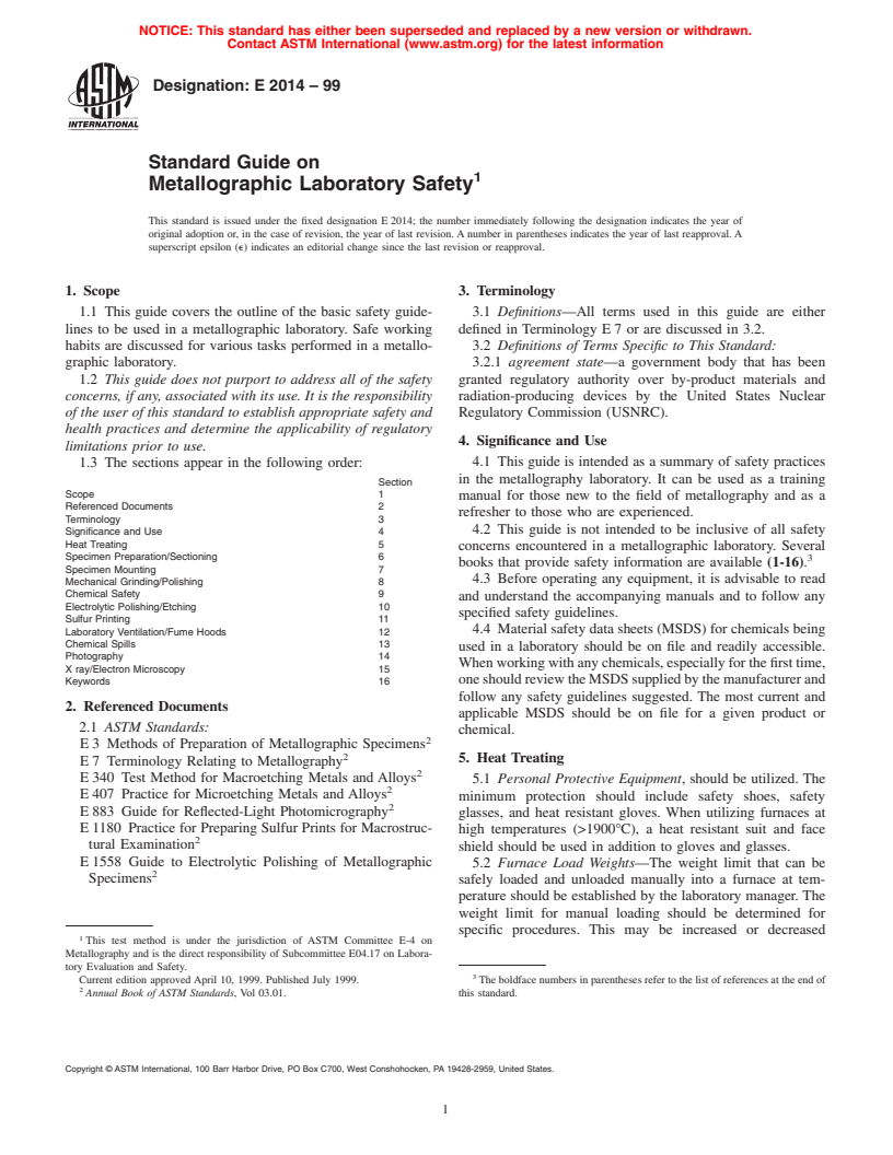 ASTM E2014-99 - Standard Guide on Metallographic Laboratory Safety