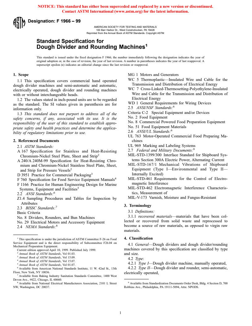 ASTM F1966-99 - Standard Specification for Dough Divider and Rounding Machines