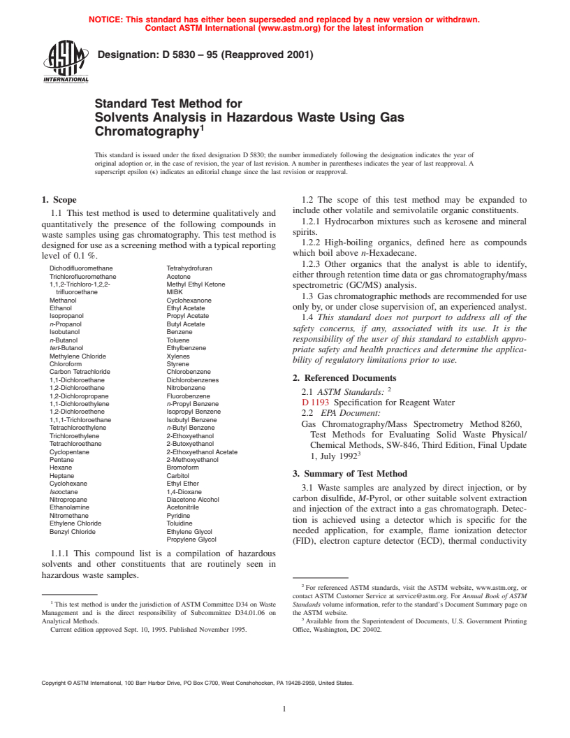 ASTM D5830-95(2001) - Standard Test Method for Solvents Analysis in Hazardous Waste Using Gas Chromatography