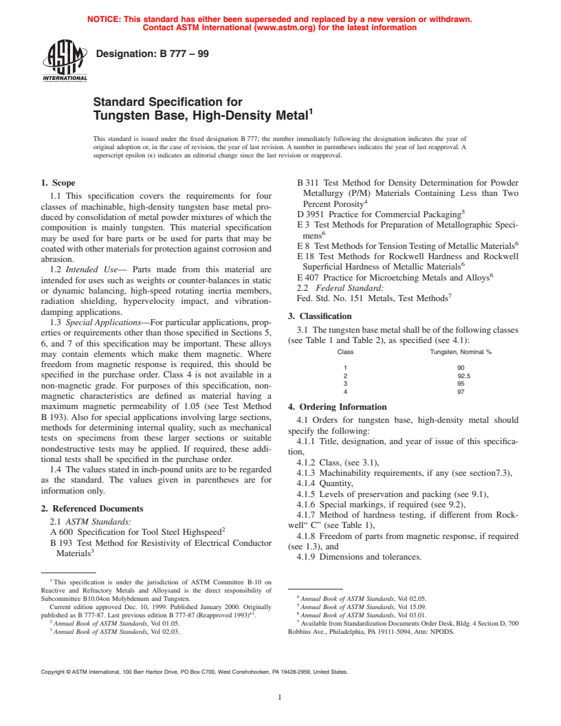 ASTM B777-99 - Standard Specification for Tungsten Base, High-Density Metal