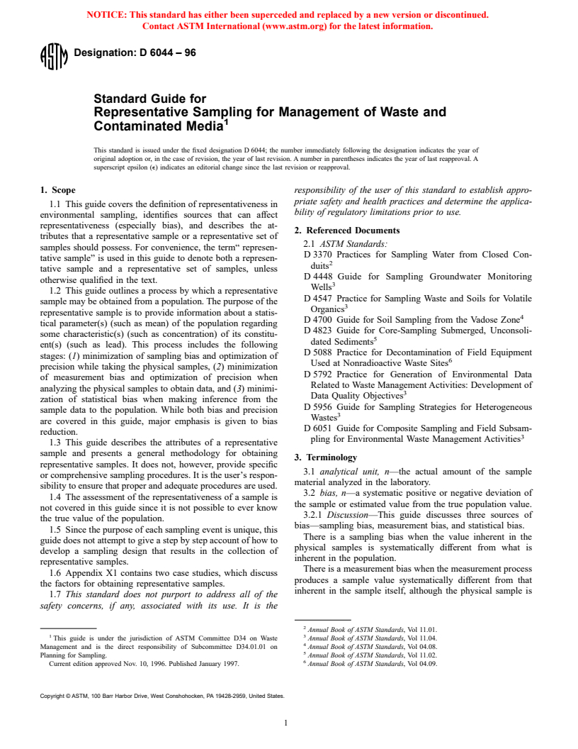 ASTM D6044-96 - Standard Guide for Representative Sampling for Management of Waste and Contaminated Media