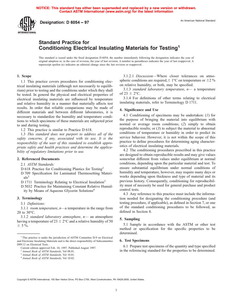 ASTM D6054-97 - Standard Practice for Conditioning Electrical Insulating Materials for Testing