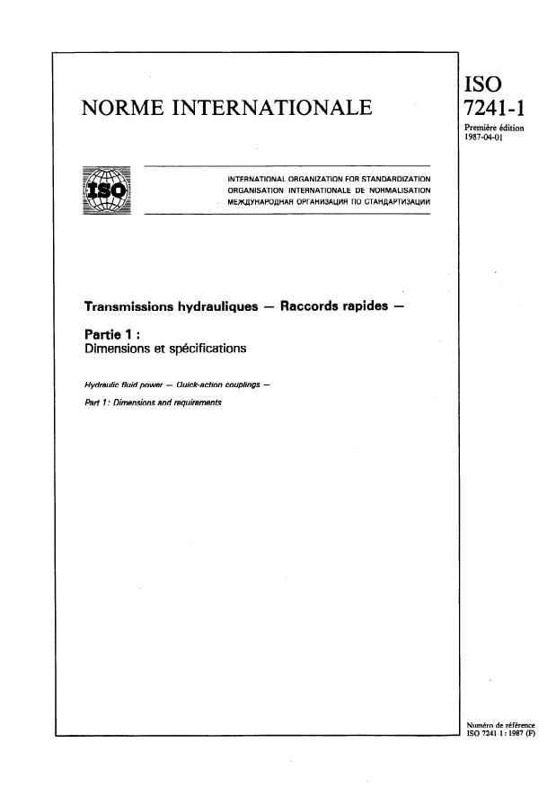 ISO 7241-1:1987 - Transmissions hydrauliques -- Raccords rapides
