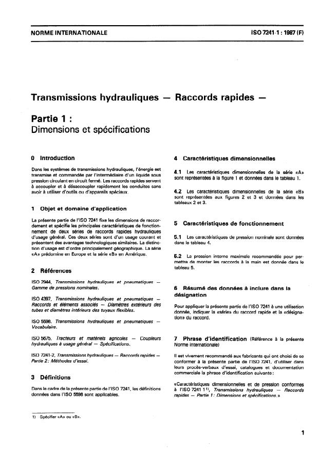 ISO 7241-1:1987 - Transmissions hydrauliques -- Raccords rapides