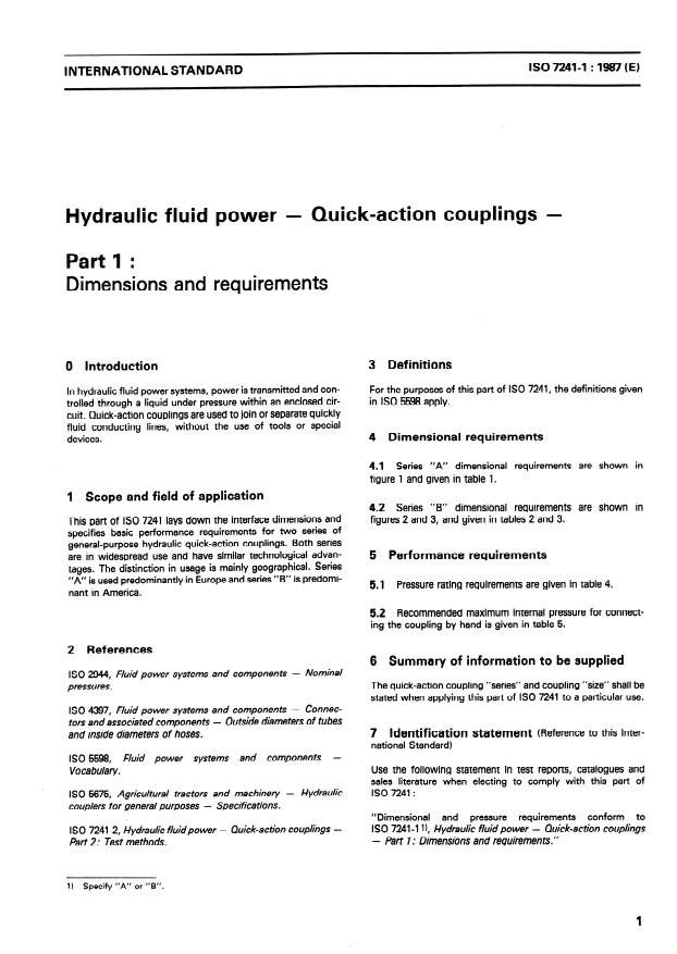 ISO 7241-1:1987 - Hydraulic fluid power -- Quick-action couplings