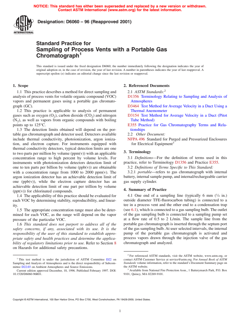 ASTM D6060-96(2001) - Standard Practice for Sampling of Process Vents With a Portable Gas Chromatograph