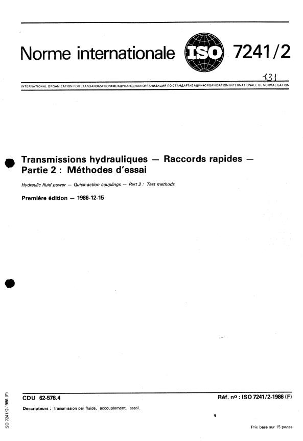 ISO 7241-2:1986 - Transmissions hydrauliques -- Raccords rapides