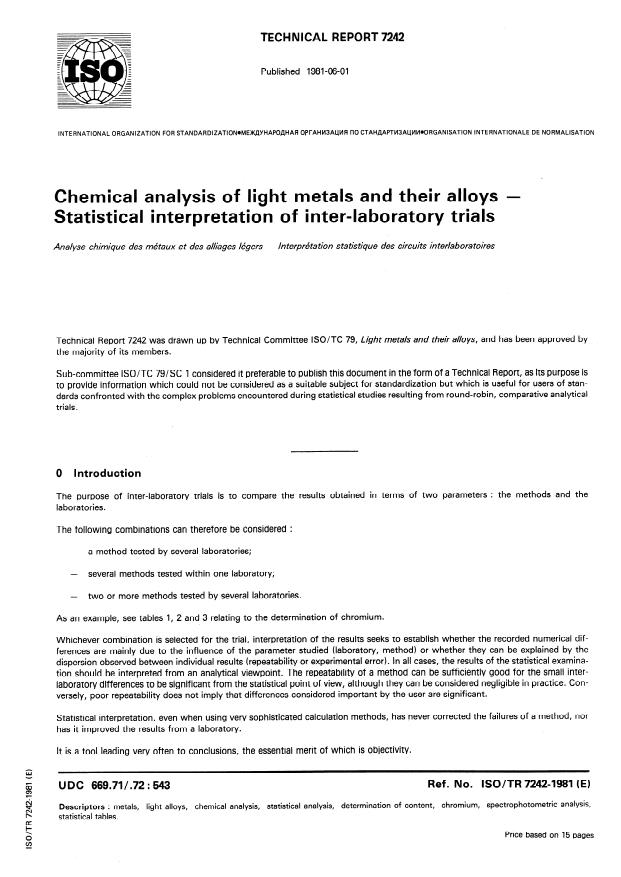 ISO/TR 7242:1981 - Chemical analysis of light metals and their alloys -- Statistical interpretation of inter-laboratory trials