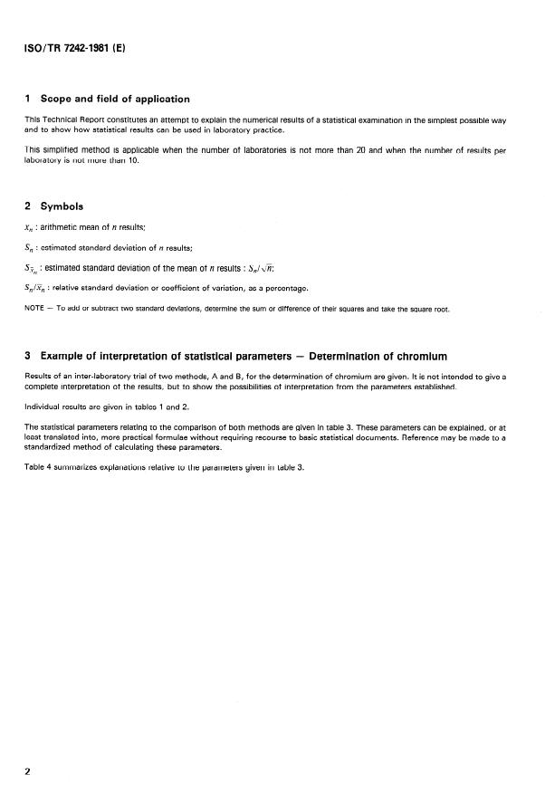 ISO/TR 7242:1981 ISO/TR 7242:1981 - Chemical analysis of light metals and their alloys -- Statistical interpretation of inter-laboratory trials - Page 2 preview