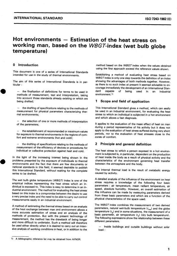 ISO 7243:1982 - Hot environments -- Estimation of the heat stress on working man, based on the WBGT-index (wet bulb globe temperature)