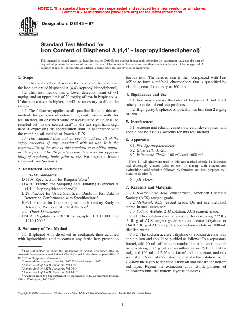 ASTM D6143-97 - Standard Test Method for Iron Content of Bisphenol A (4,4&#180 - Isopropylidenediphenol)