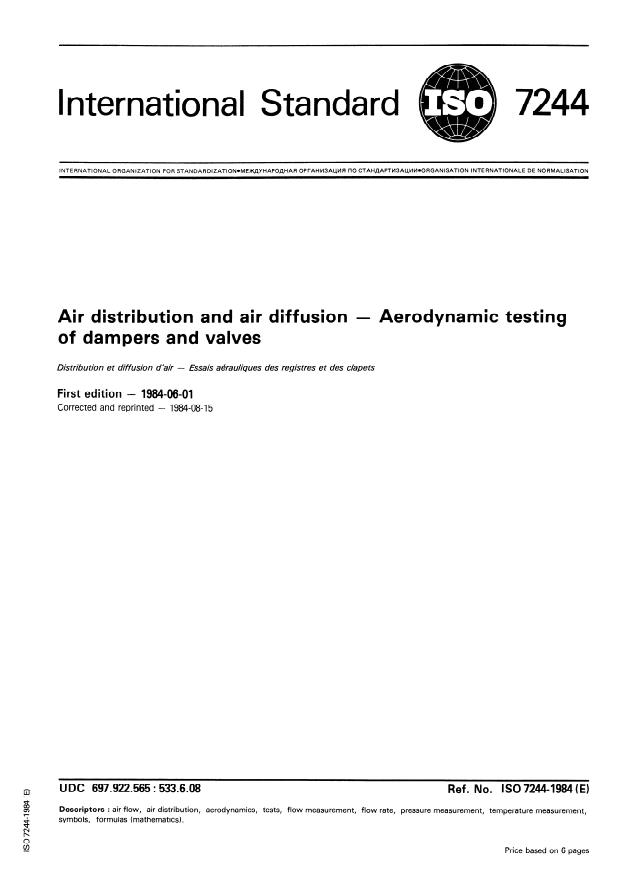 ISO 7244:1984 - Air distribution and air diffusion -- Aerodynamic testing of dampers and valves