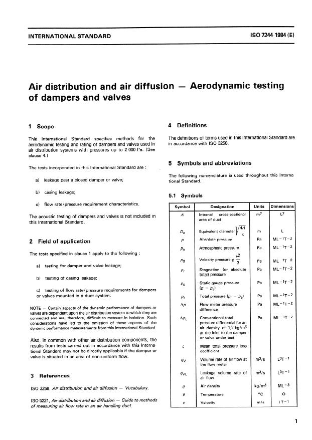ISO 7244:1984 - Air distribution and air diffusion -- Aerodynamic testing of dampers and valves