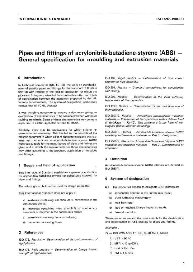 ISO 7245:1984 - Pipes and fittings of acrylonitrile/butadiene/styrene (ABS) -- General specification for moulding and extrusion materials