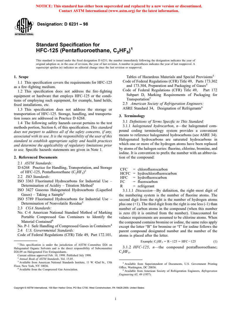 ASTM D6231-98 - Standard Specification for HFC-125 (Pentafluoroethane, C<sub>2</sub>HF<sub>5</sub>)