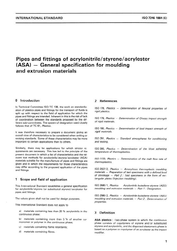 ISO 7246:1984 - Pipes and fittings of acrylonitrile/styrene/acrylester (ASA) -- General specification for moulding and extrusion materials