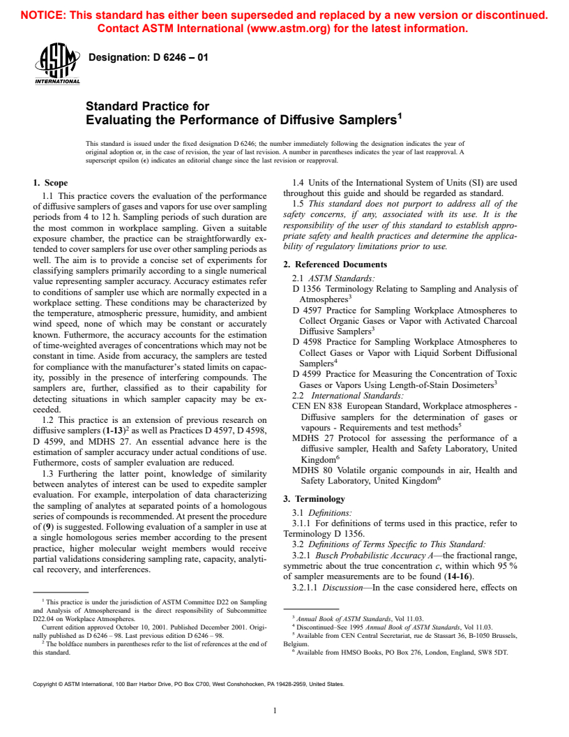 ASTM D6246-01 - Standard Practice for Evaluating the Performance of Diffusive Samplers